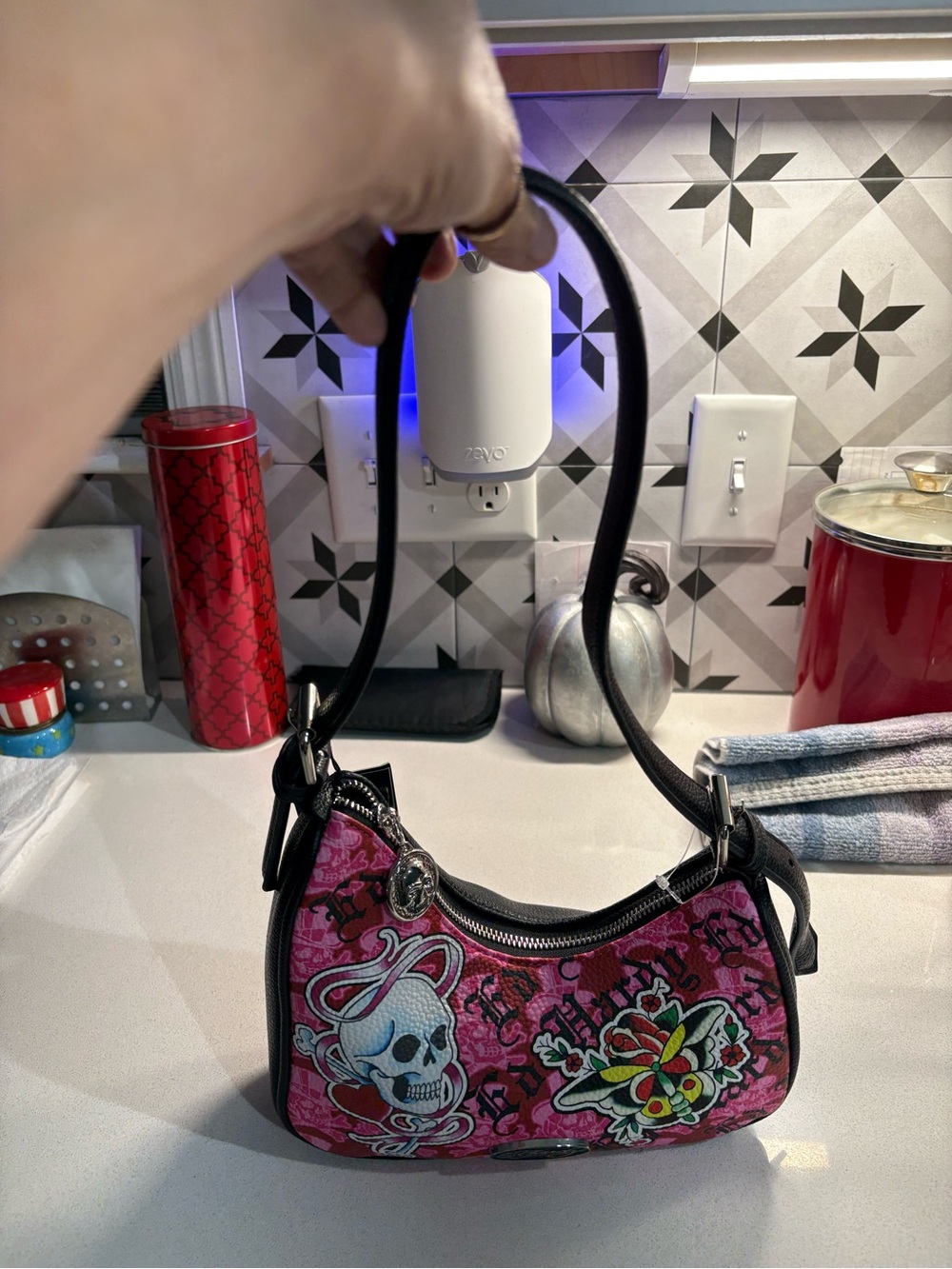 Ed Hardy Pink Mini Shoulder Bag with Skull and Floral Graphics NWT
